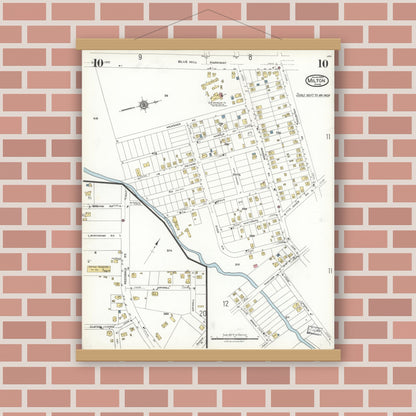 Old map wall art mockup — magnetic wood frame on brick wall — Sanborn Fire Insurance Map from Milton, Norfolk County, Massachusetts (1923), Sheet #0010