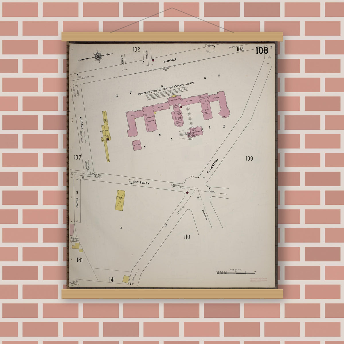 Old map wall art mockup — magnetic wood frame on brick wall — Sanborn Fire Insurance Map from Worcester, Worcester County, Massachusetts (1910), Sheet #0108