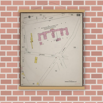 Old map wall art mockup — magnetic wood frame on brick wall — Sanborn Fire Insurance Map from Worcester, Worcester County, Massachusetts (1910), Sheet #0108