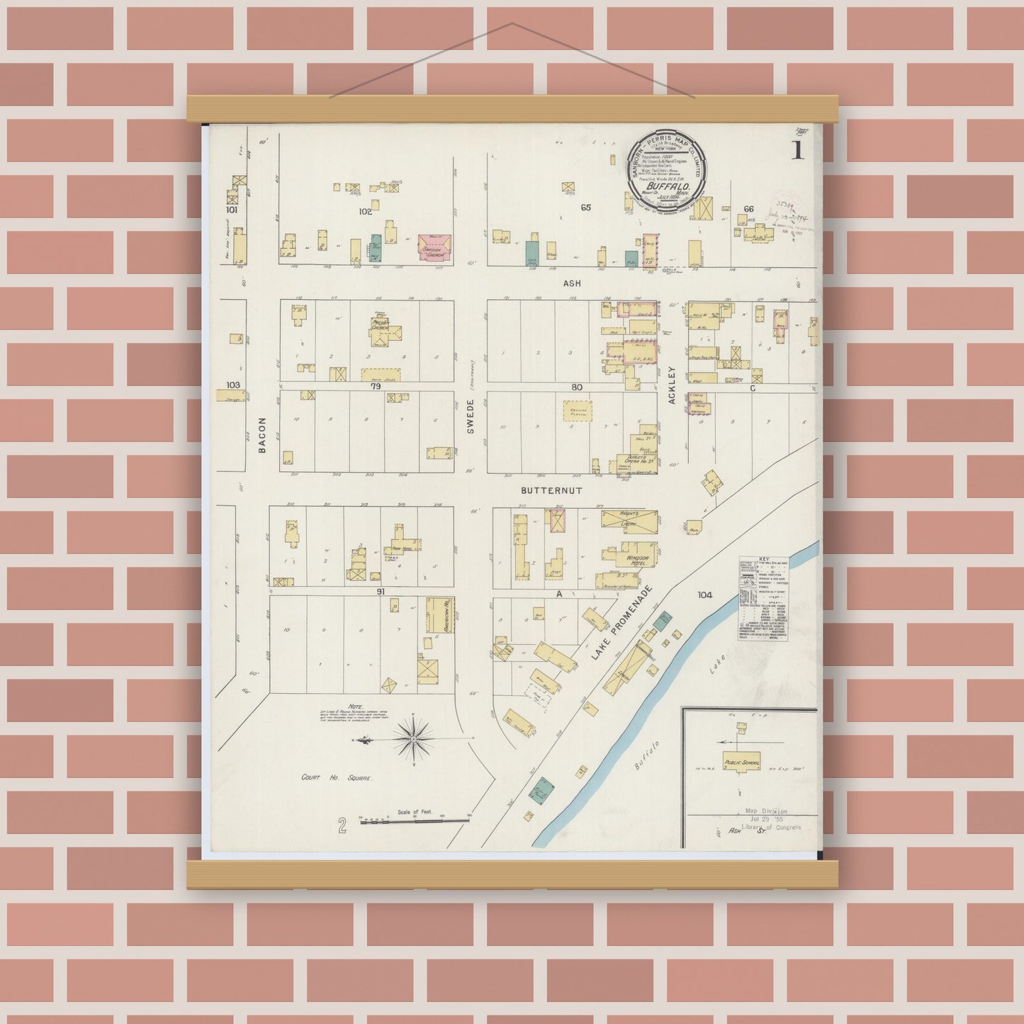 Old map wall art mockup — magnetic wood frame on brick wall — Sanborn Fire Insurance Map from Buffalo, Wright County, Minnesota (1894), Sheet #0001