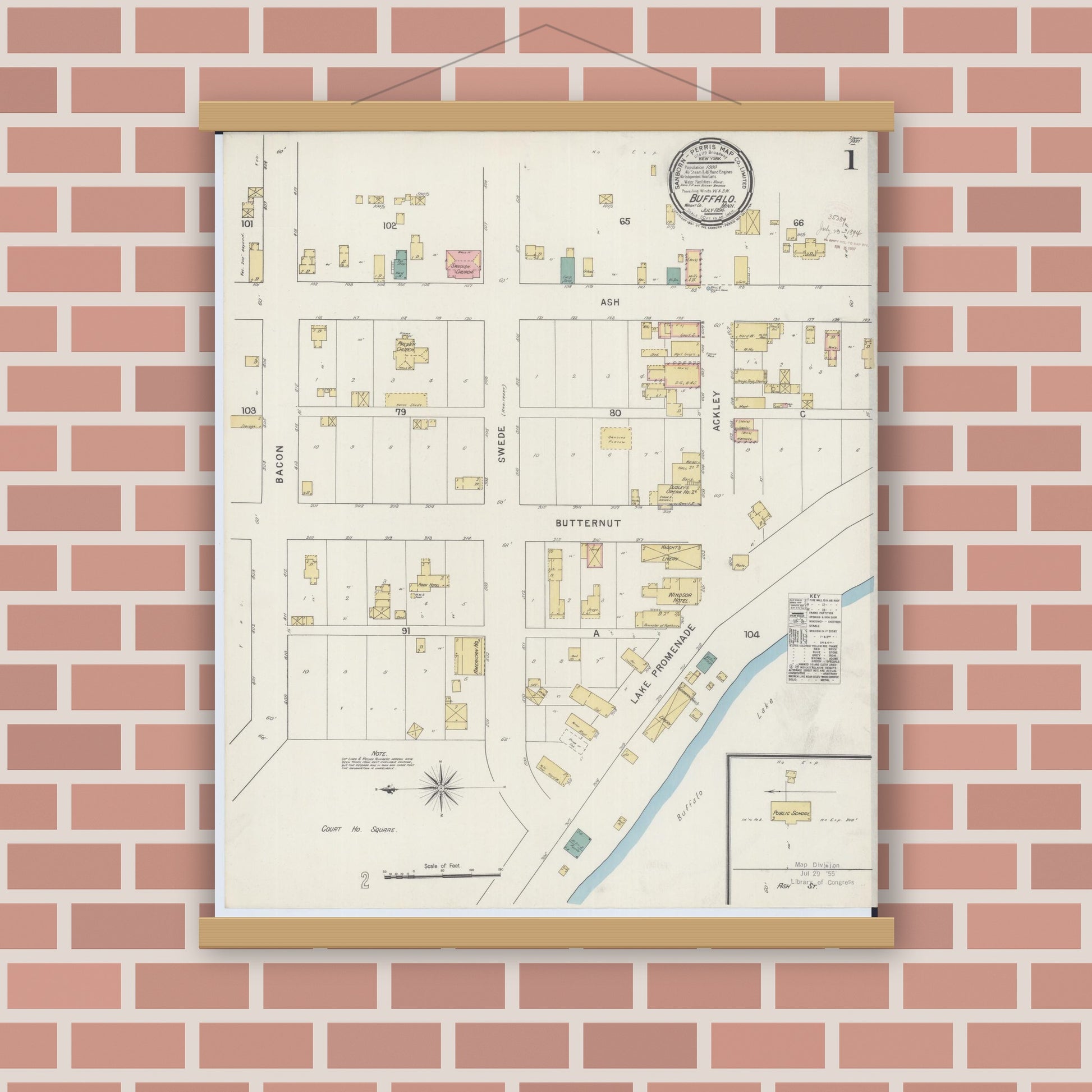 Old map wall art mockup — magnetic wood frame on brick wall — Sanborn Fire Insurance Map from Buffalo, Wright County, Minnesota (1894), Sheet #0001