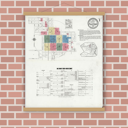 Old map wall art mockup — magnetic wood frame on brick wall — Sanborn Fire Insurance Map from Pilot Point, Denton County, Texas (1921), Sheet #0001