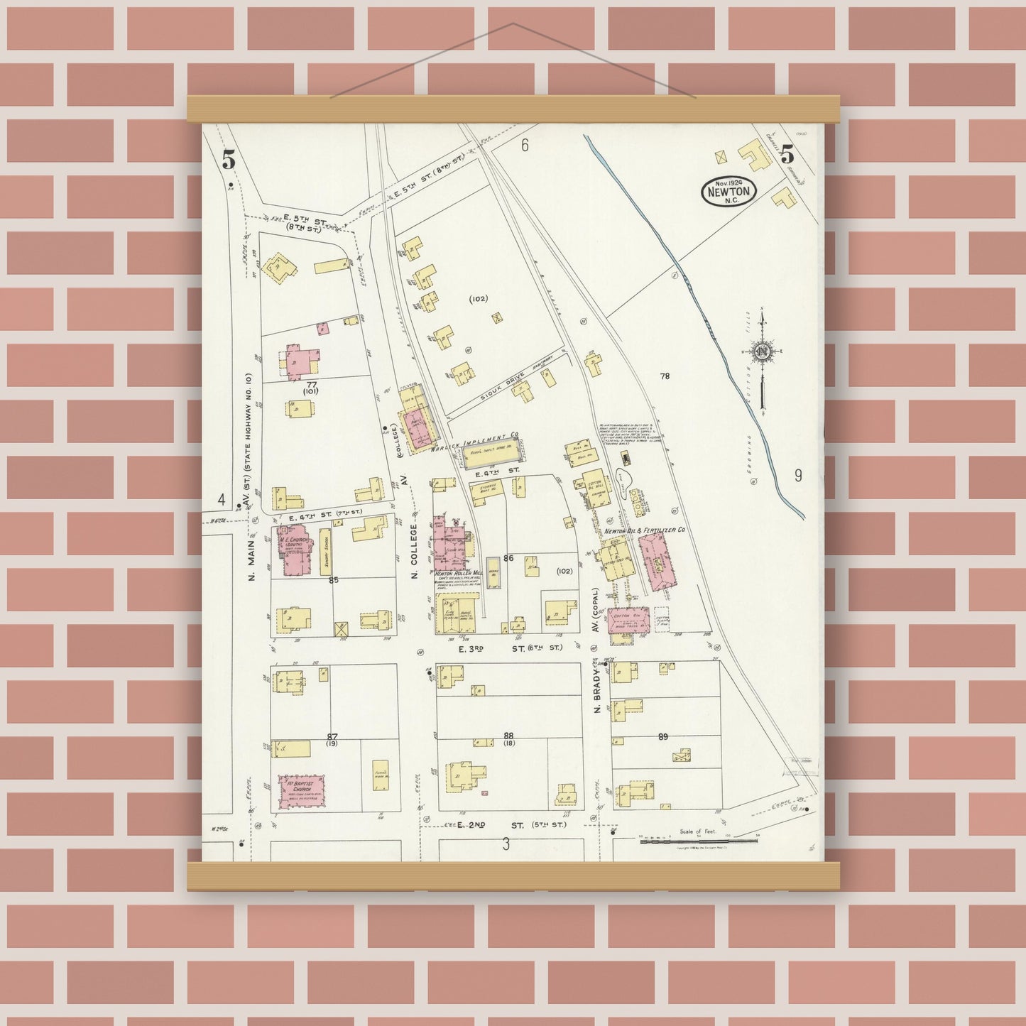 Old map wall art mockup — magnetic wood frame on brick wall — Sanborn Fire Insurance Map from Newton, Catawba County, North Carolina (1924), Sheet #0005