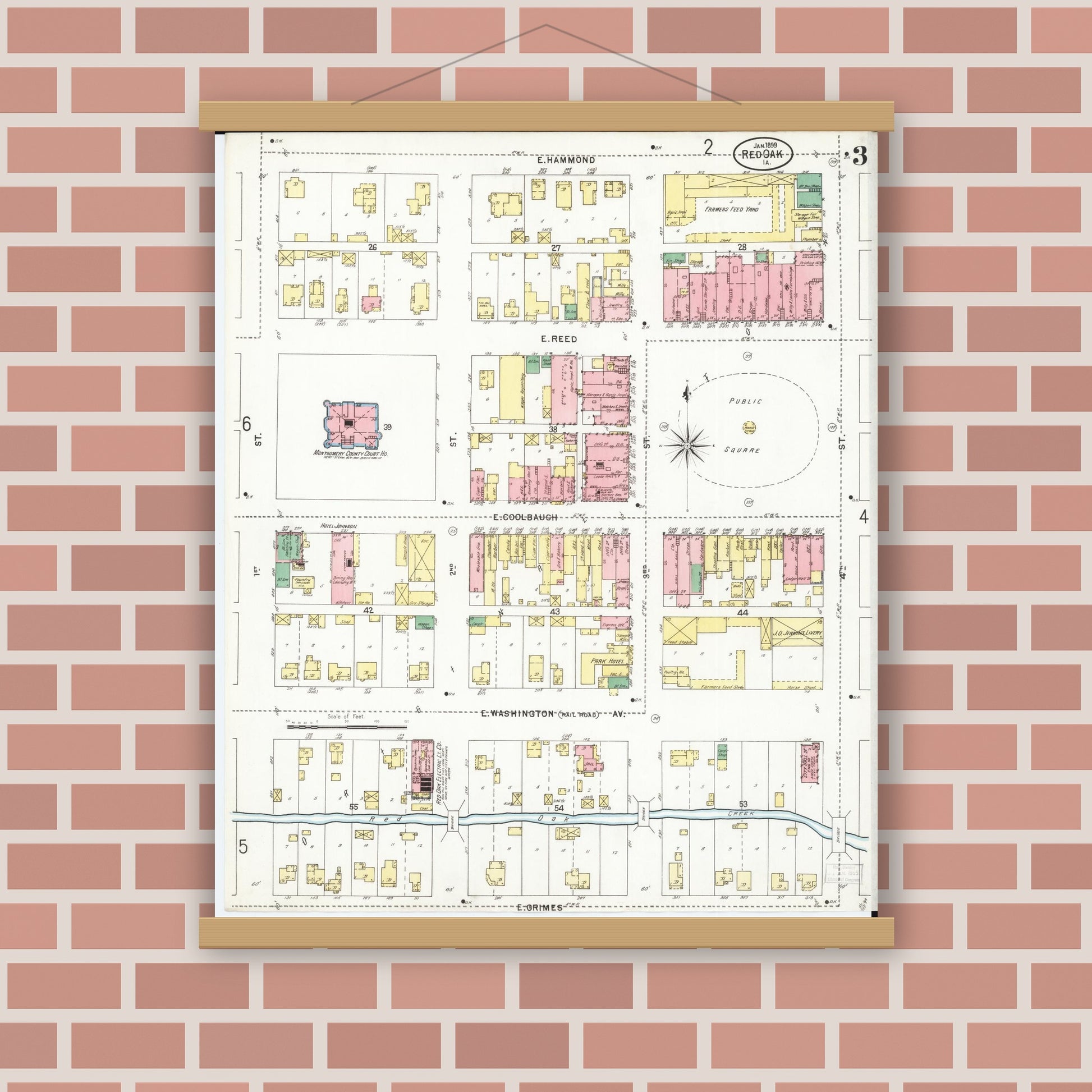 Old map wall art mockup — magnetic wood frame on brick wall — Sanborn Fire Insurance Map from Red Oak, Montgomery County, Iowa (1899), Sheet #0003