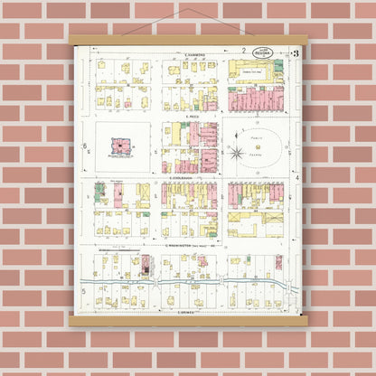 Old map wall art mockup — magnetic wood frame on brick wall — Sanborn Fire Insurance Map from Red Oak, Montgomery County, Iowa (1899), Sheet #0003