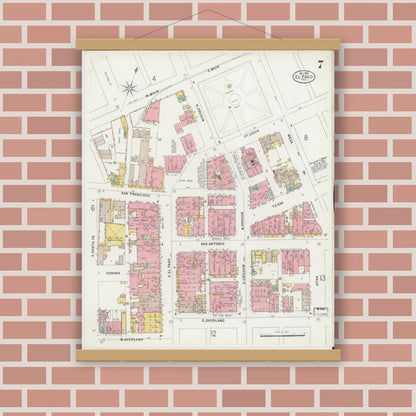Old map wall art mockup — magnetic wood frame on brick wall — Sanborn Fire Insurance Map from El Paso, El Paso County, Texas (1898), Sheet #0007