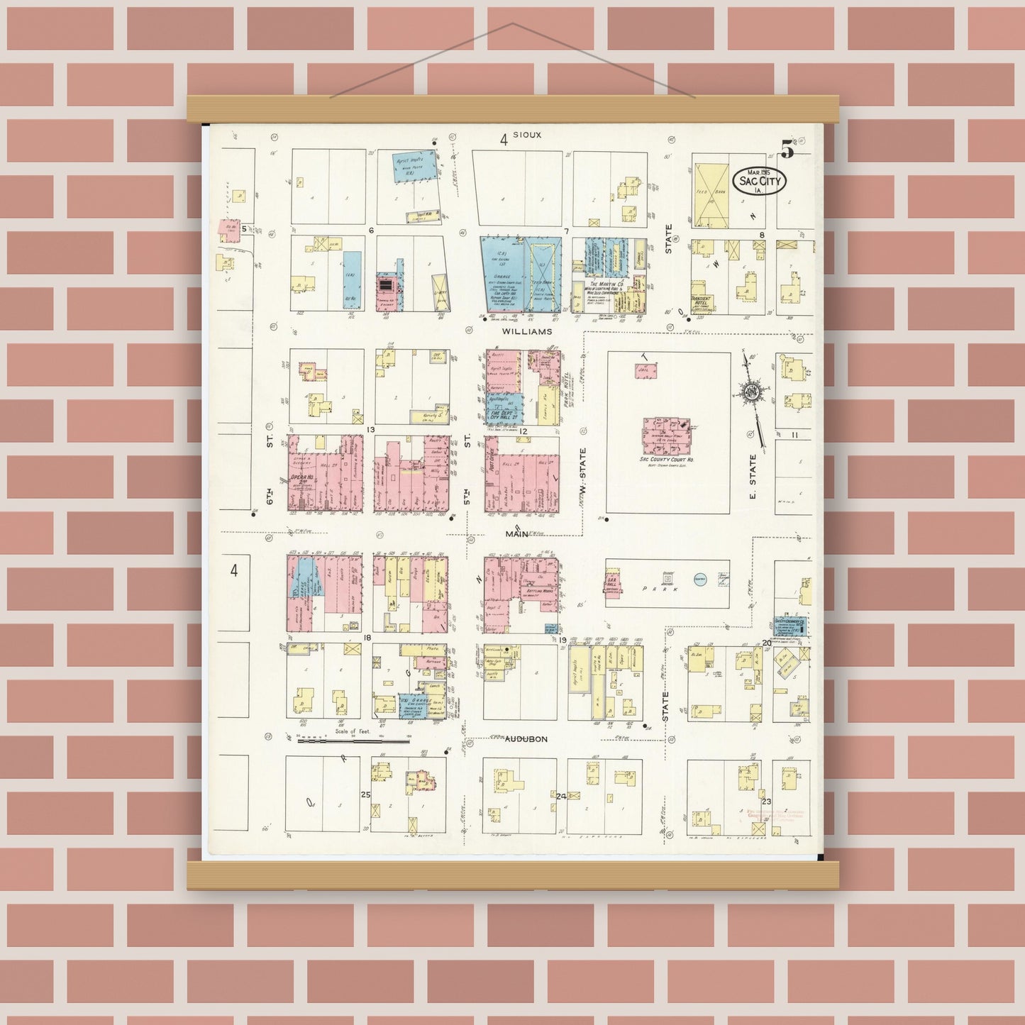 Old map wall art mockup — magnetic wood frame on brick wall — Sanborn Fire Insurance Map from Sac City, Sac County, Iowa (1915), Sheet #0005