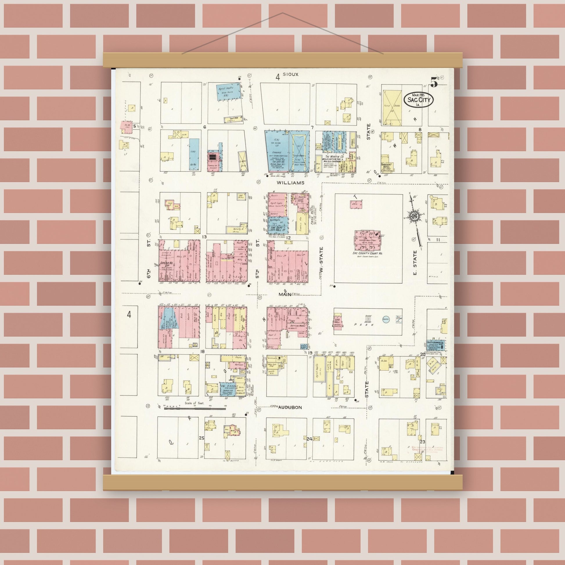 Old map wall art mockup — magnetic wood frame on brick wall — Sanborn Fire Insurance Map from Sac City, Sac County, Iowa (1915), Sheet #0005