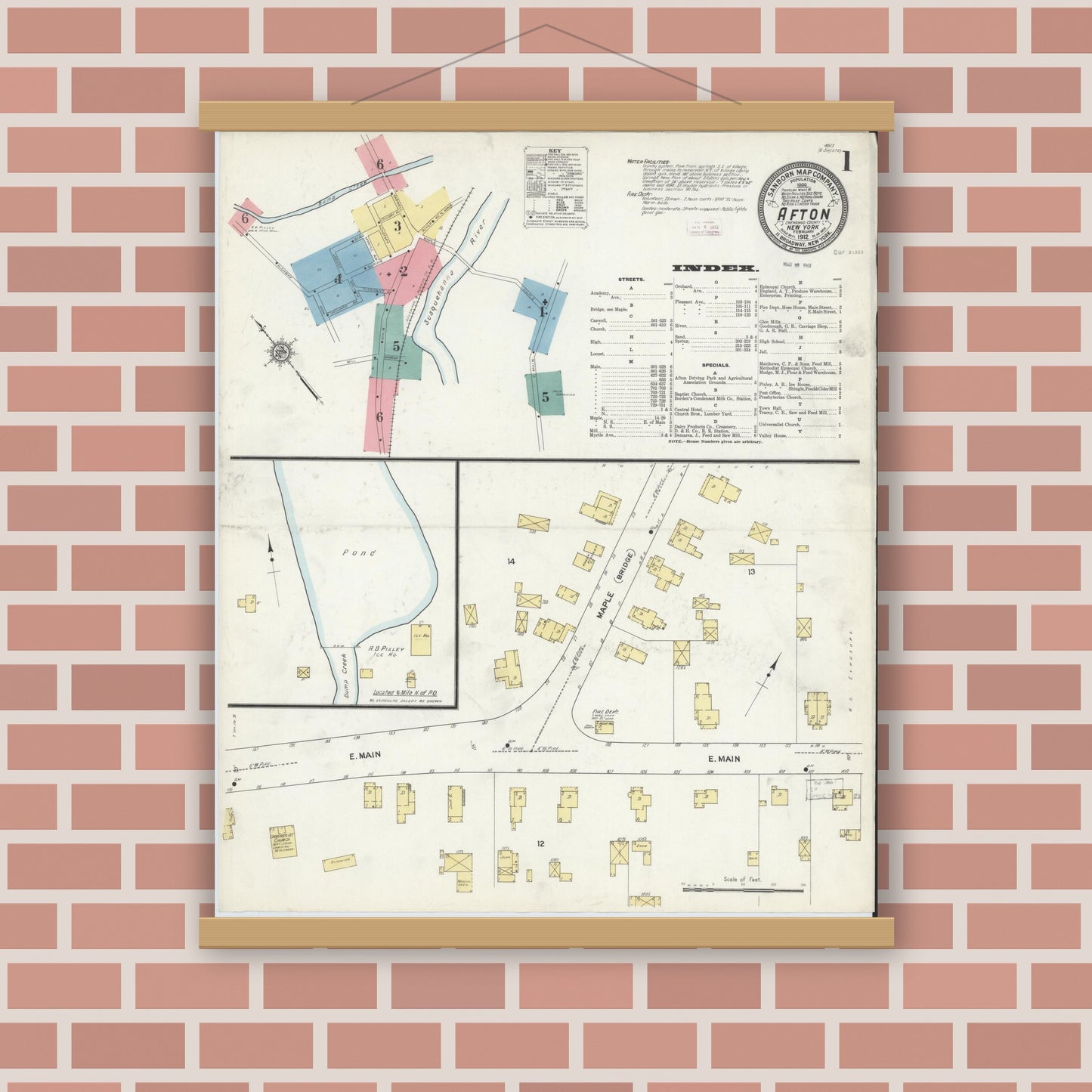 Old map wall art mockup — magnetic wood frame on brick wall — Sanborn Fire Insurance Map from Afton, Chenango County, New York (1912) - Complete Map Set