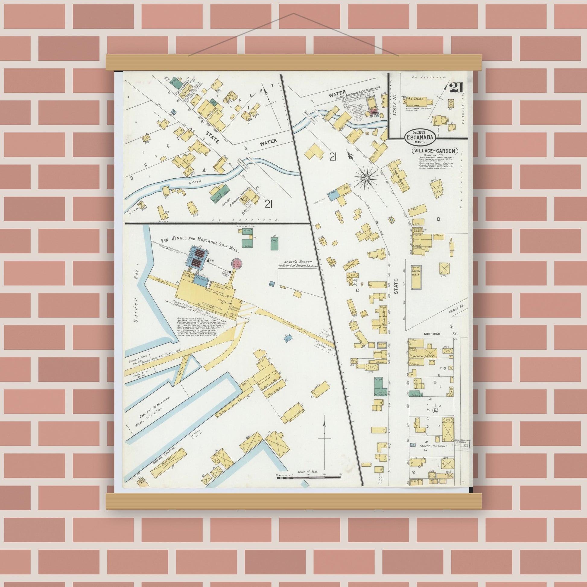 Old map wall art mockup — magnetic wood frame on brick wall — Sanborn Fire Insurance Map from Escanaba, Delta County, Michigan (1899), Sheet #0021