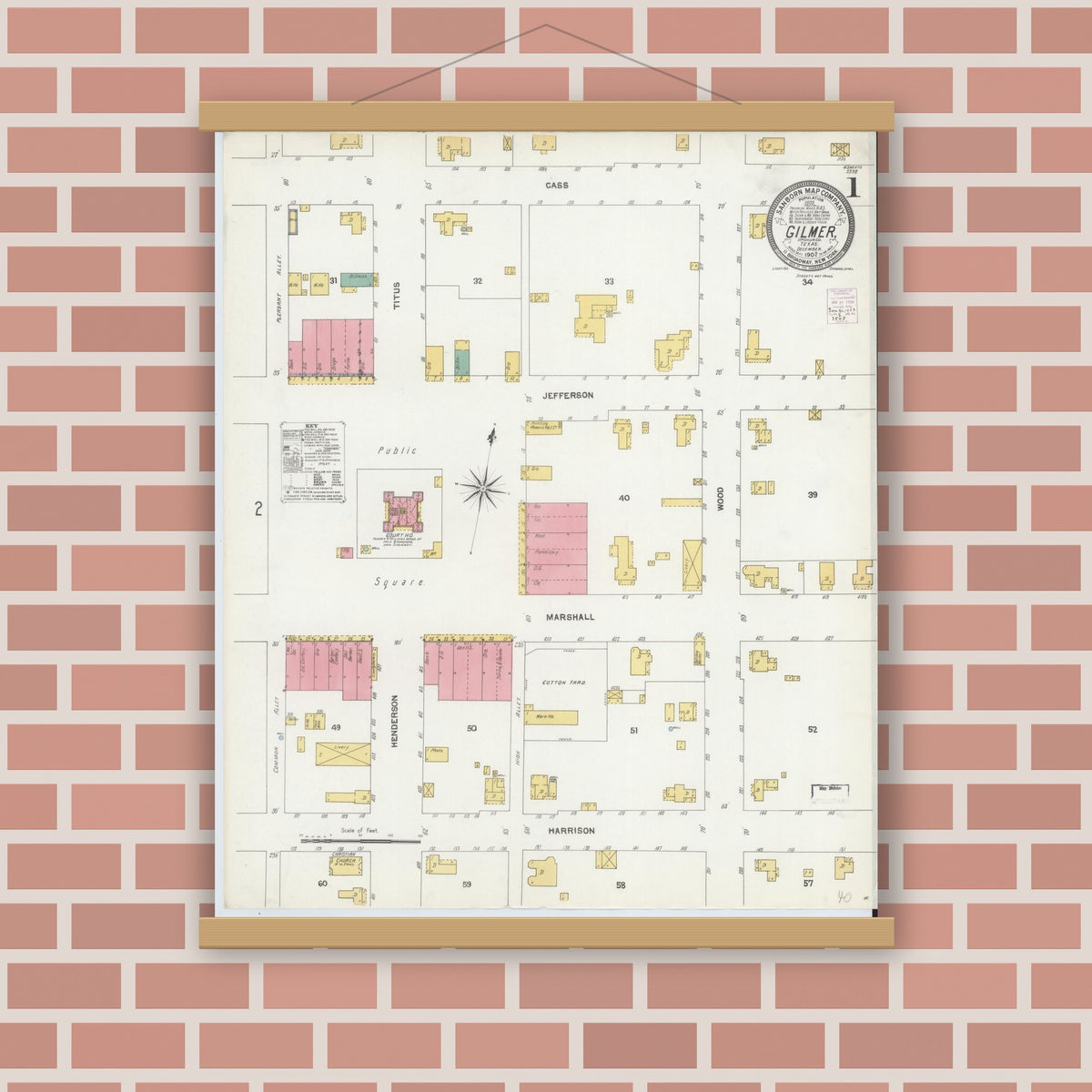 Old map wall art mockup — magnetic wood frame on brick wall — Sanborn Fire Insurance Map from Gilmer, Upshur County, Texas (1902), Sheet #0001