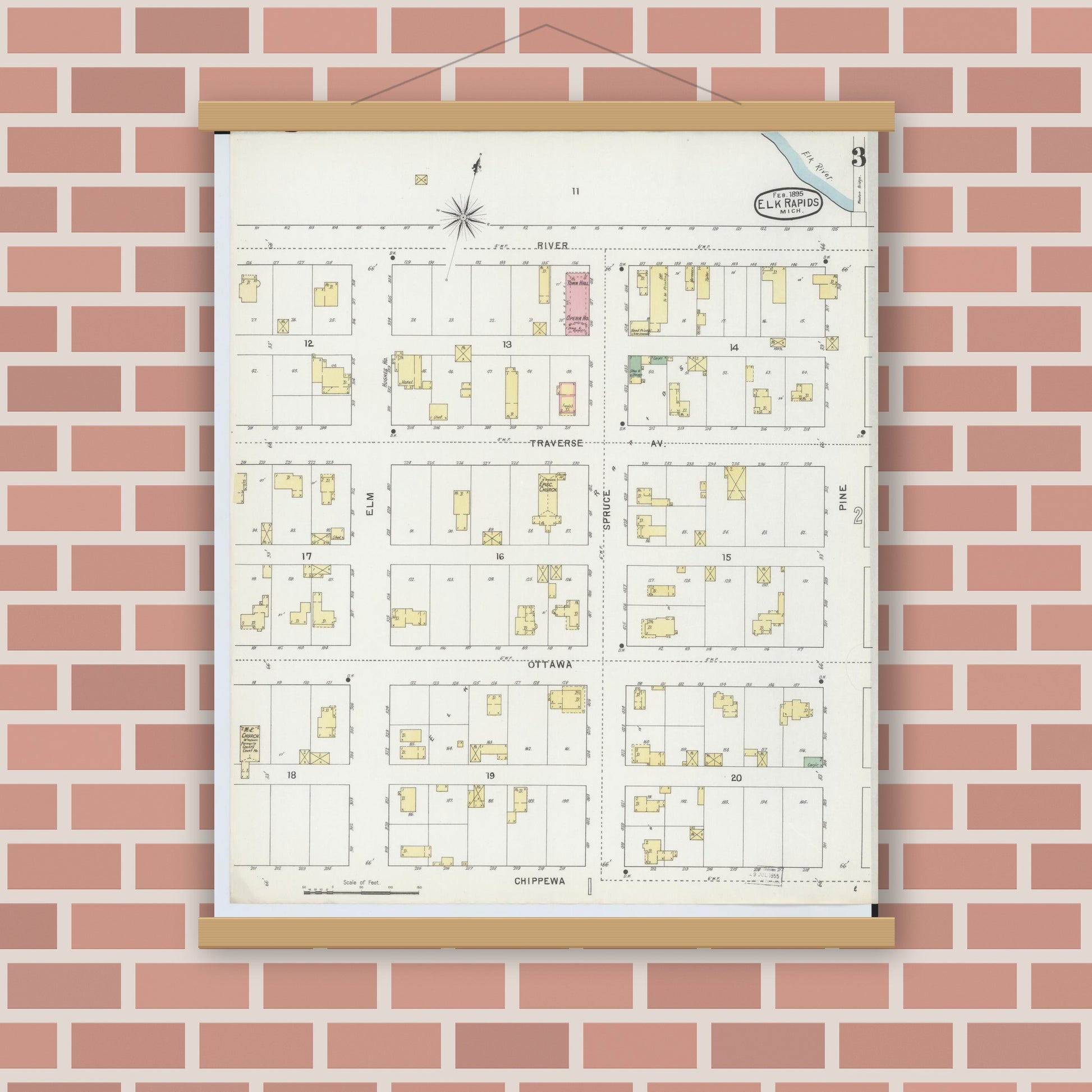 Old map wall art mockup — magnetic wood frame on brick wall — Sanborn Fire Insurance Map from Elk Rapids, Antrim County, Michigan (1895), Sheet #0003