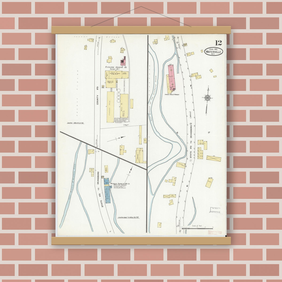 Old map wall art mockup — magnetic wood frame on brick wall — Sanborn Fire Insurance Map from Waterville, Oneida County, New York (1912), Sheet #0012