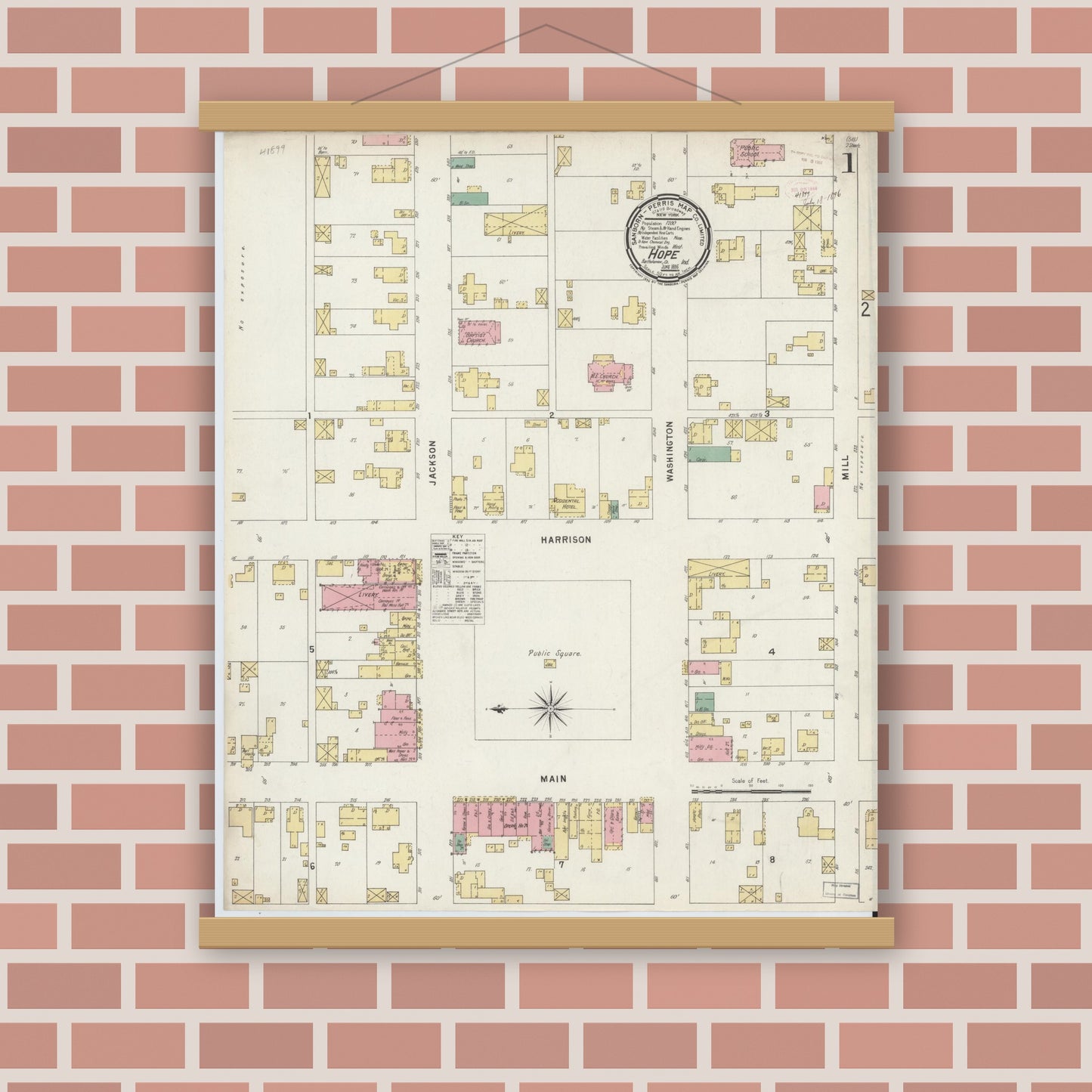 Old map wall art mockup — magnetic wood frame on brick wall — Sanborn Fire Insurance Map from Hope, Bartholomew County, Indiana (1896) - Complete Map Set