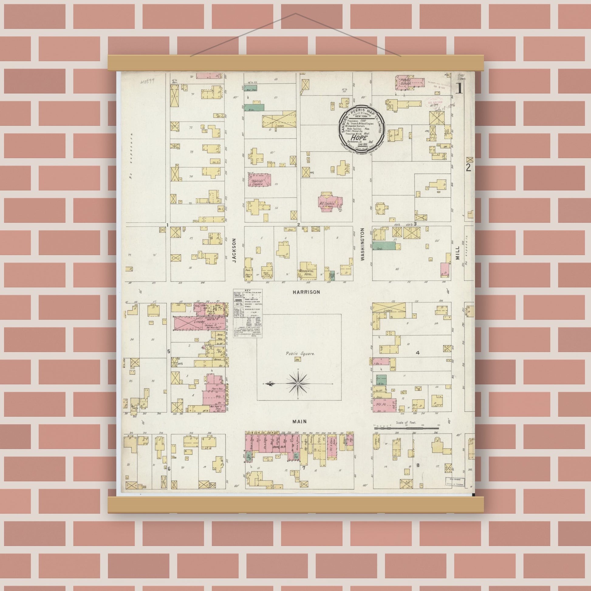 Old map wall art mockup — magnetic wood frame on brick wall — Sanborn Fire Insurance Map from Hope, Bartholomew County, Indiana (1896) - Complete Map Set