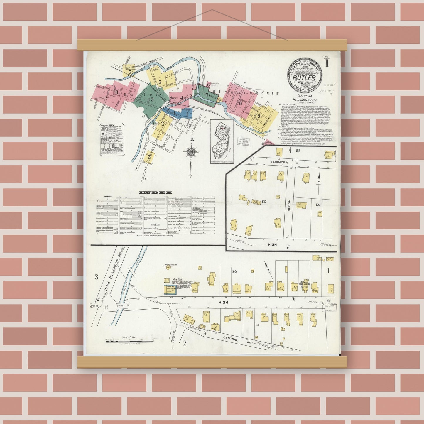 Old map wall art mockup — magnetic wood frame on brick wall — Sanborn Fire Insurance Map from Butler, Morris County, New Jersey (1920) - Complete Map Set
