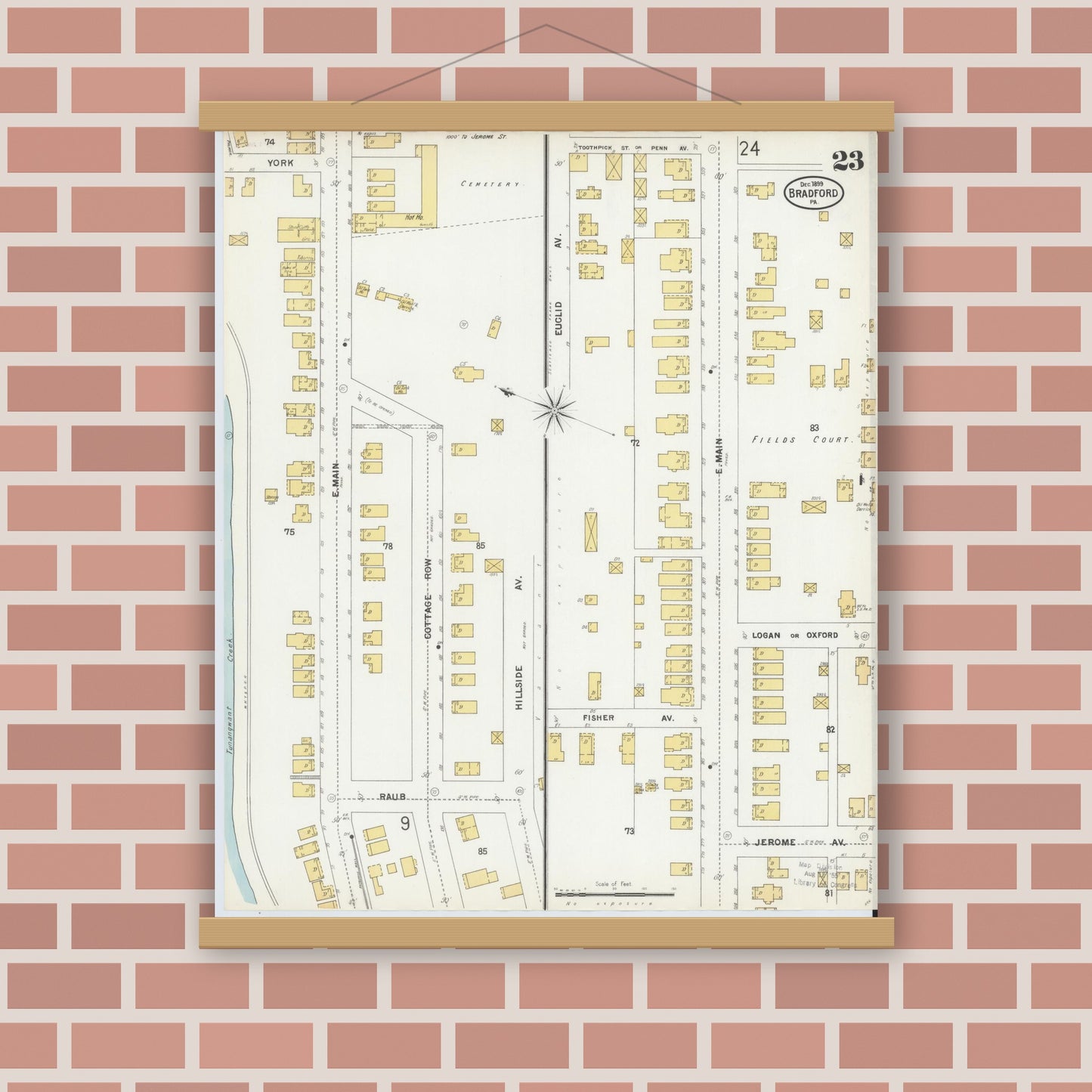 Old map wall art mockup — magnetic wood frame on brick wall — Sanborn Fire Insurance Map from Bradford, McKean County, Pennsylvania (1899), Sheet #0023