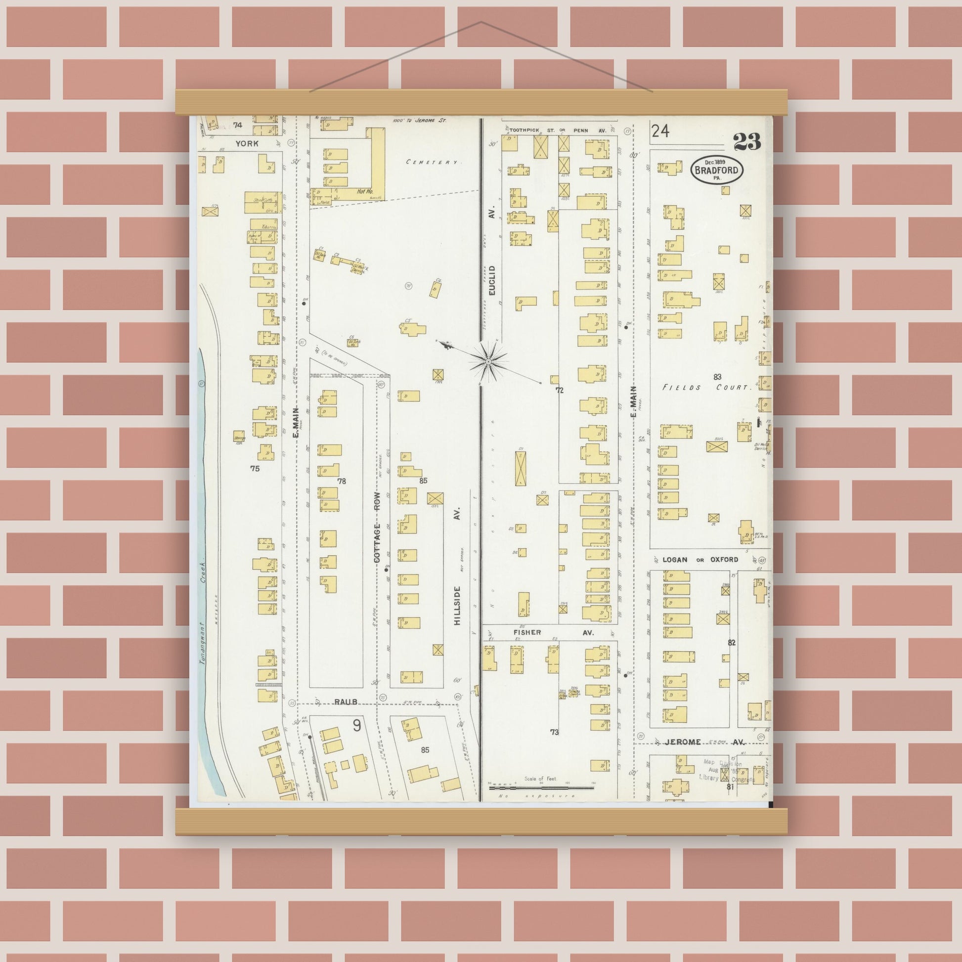 Old map wall art mockup — magnetic wood frame on brick wall — Sanborn Fire Insurance Map from Bradford, McKean County, Pennsylvania (1899), Sheet #0023