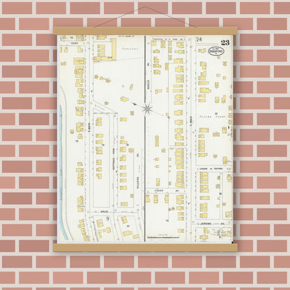 Old map wall art mockup — magnetic wood frame on brick wall — Sanborn Fire Insurance Map from Bradford, McKean County, Pennsylvania (1899), Sheet #0023
