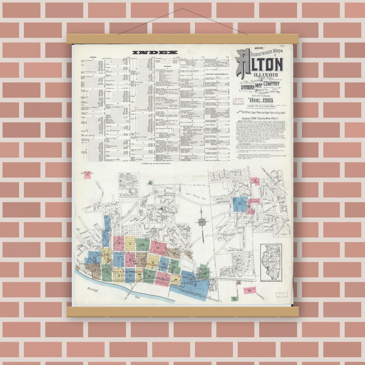Old map wall art mockup — magnetic wood frame on brick wall — Sanborn Fire Insurance Map from Alton, Madison County, Illinois (1915) - Complete Map Set