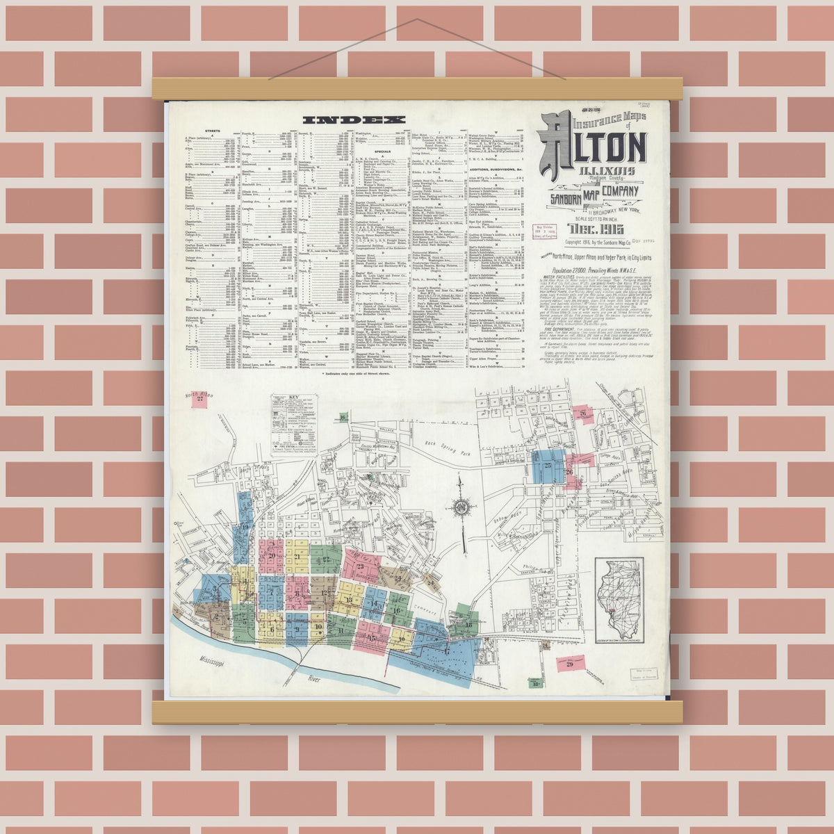 Old map wall art mockup — magnetic wood frame on brick wall — Sanborn Fire Insurance Map from Alton, Madison County, Illinois (1915) - Complete Map Set
