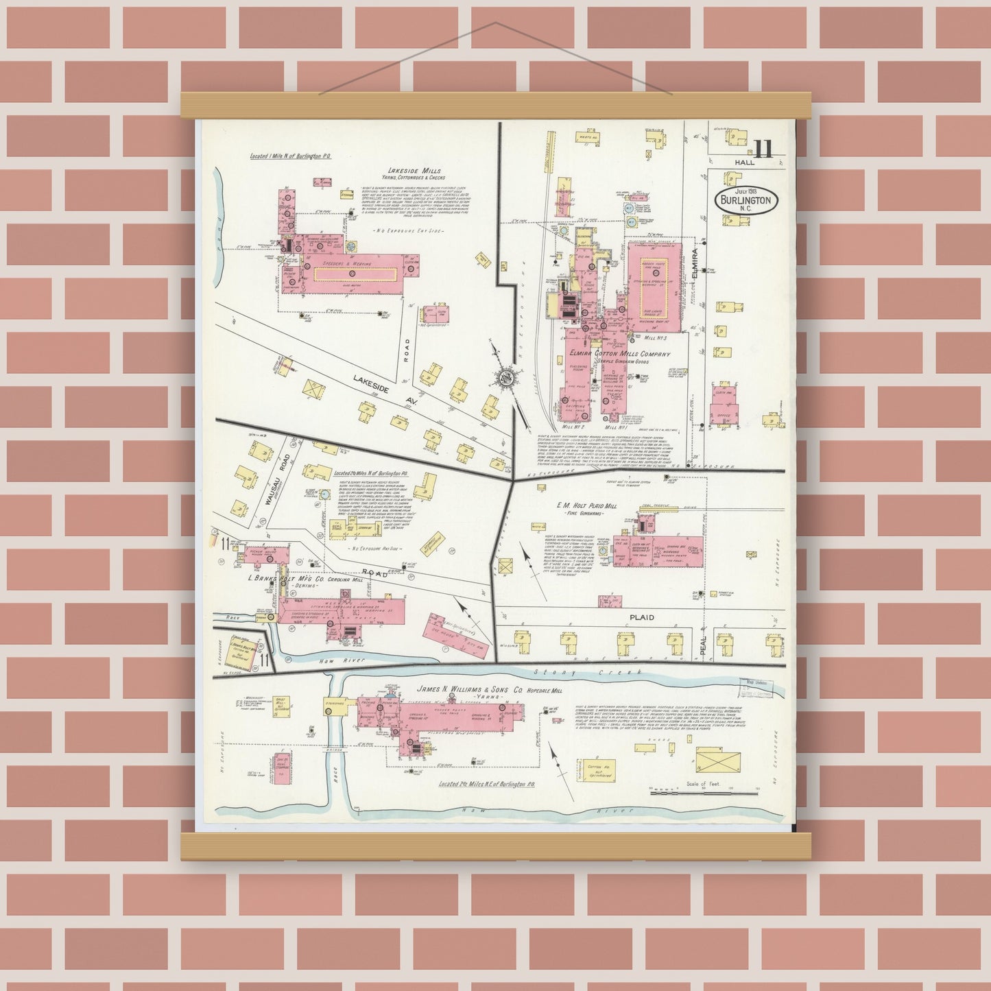 Old map wall art mockup — magnetic wood frame on brick wall — Sanborn Fire Insurance Map from Burlington, Alamance County, North Carolina (1913), Sheet #0011