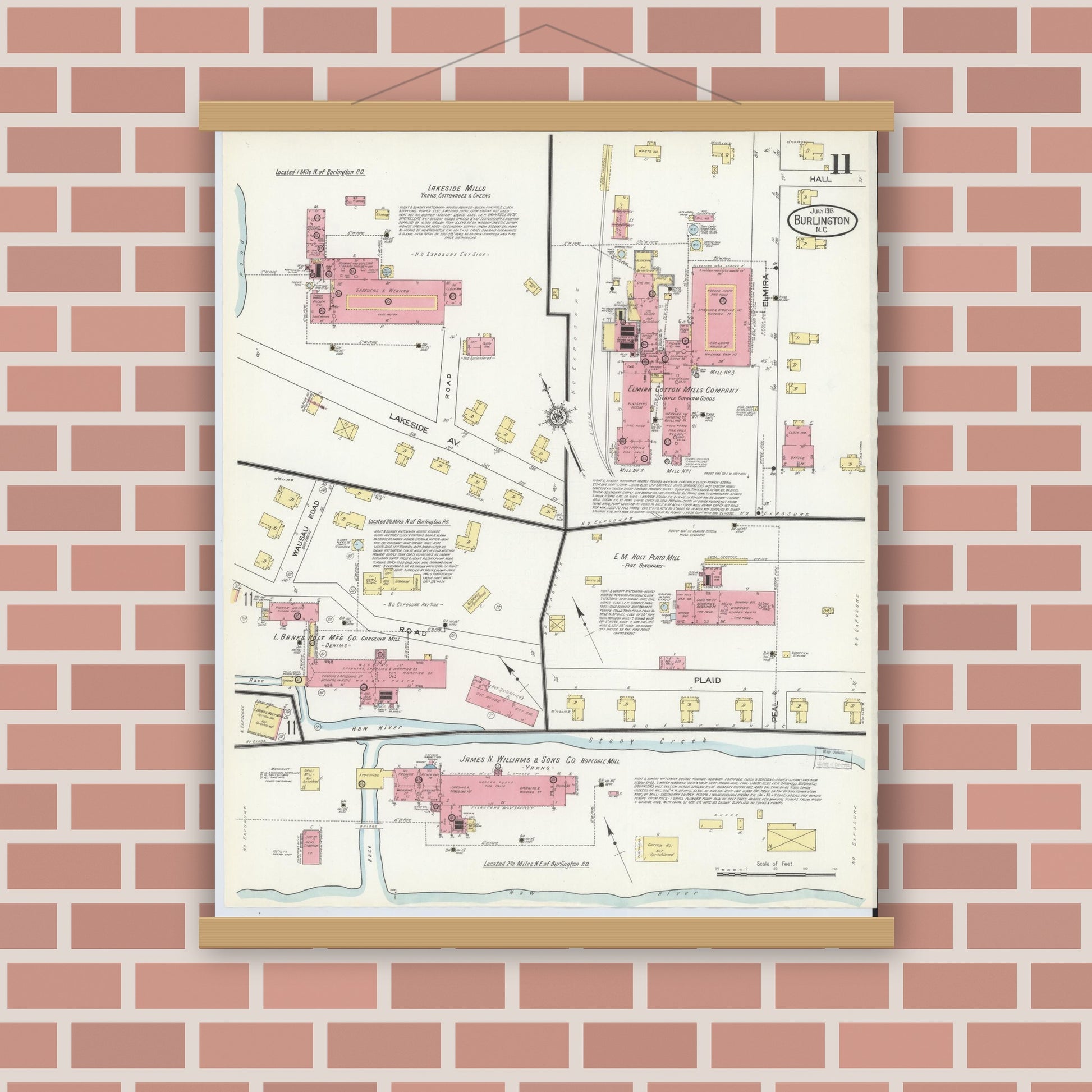Old map wall art mockup — magnetic wood frame on brick wall — Sanborn Fire Insurance Map from Burlington, Alamance County, North Carolina (1913), Sheet #0011