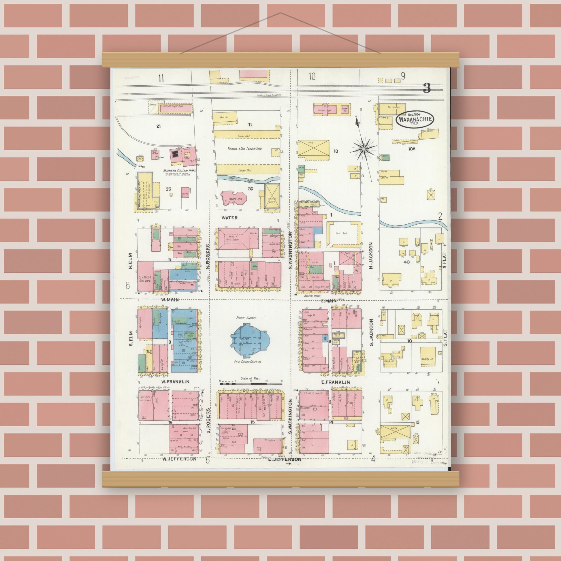 Old map wall art mockup — magnetic wood frame on brick wall — Sanborn Fire Insurance Map from Waxahachie, Ellis County, Texas (1904), Sheet #0003