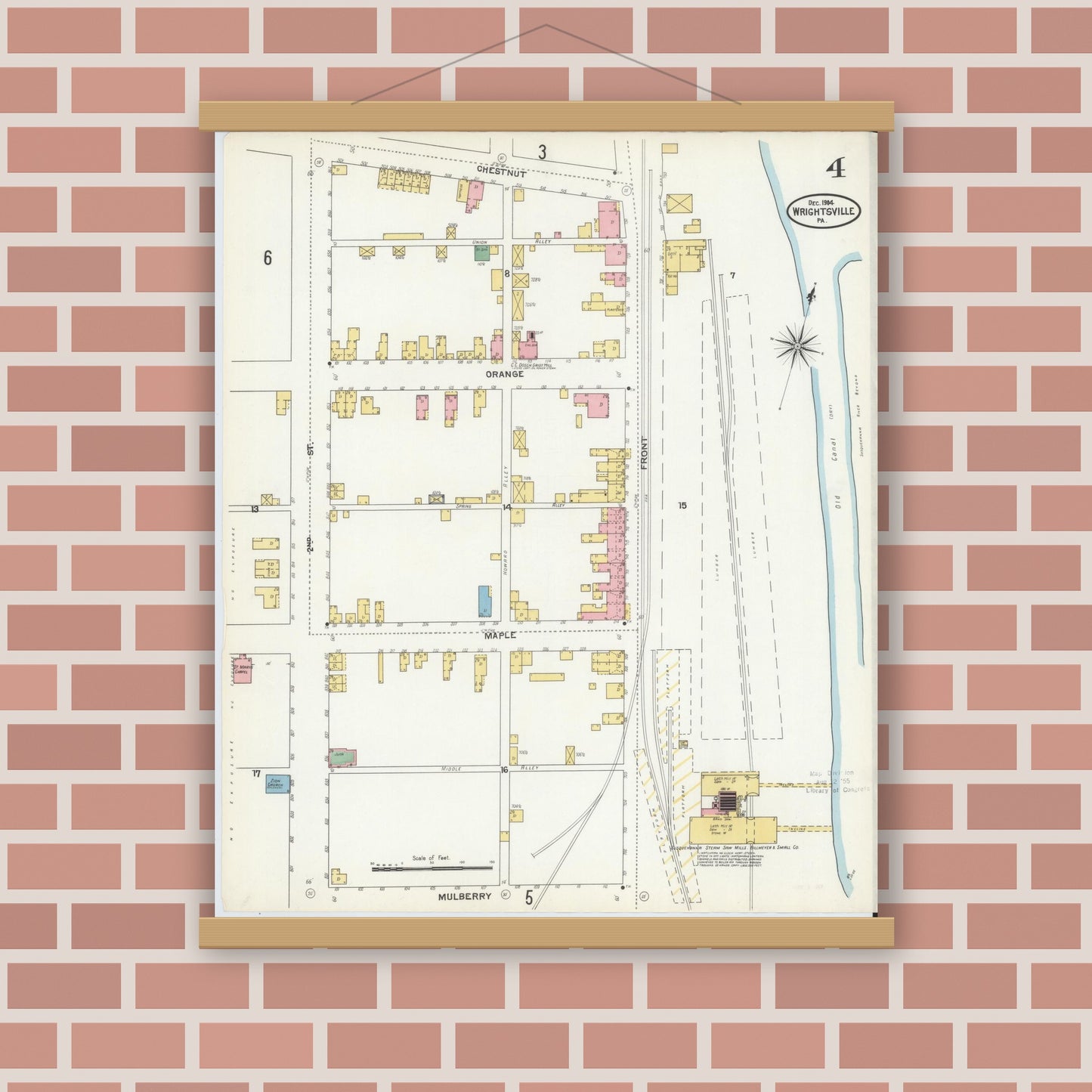 Old map wall art mockup — magnetic wood frame on brick wall — Sanborn Fire Insurance Map from Wrightsville, York County, Pennsylvania (1904), Sheet #0004