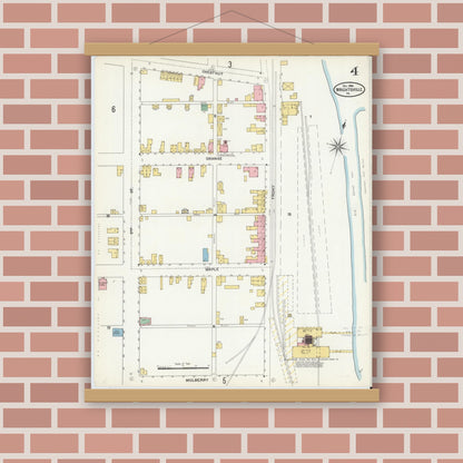 Old map wall art mockup — magnetic wood frame on brick wall — Sanborn Fire Insurance Map from Wrightsville, York County, Pennsylvania (1904), Sheet #0004