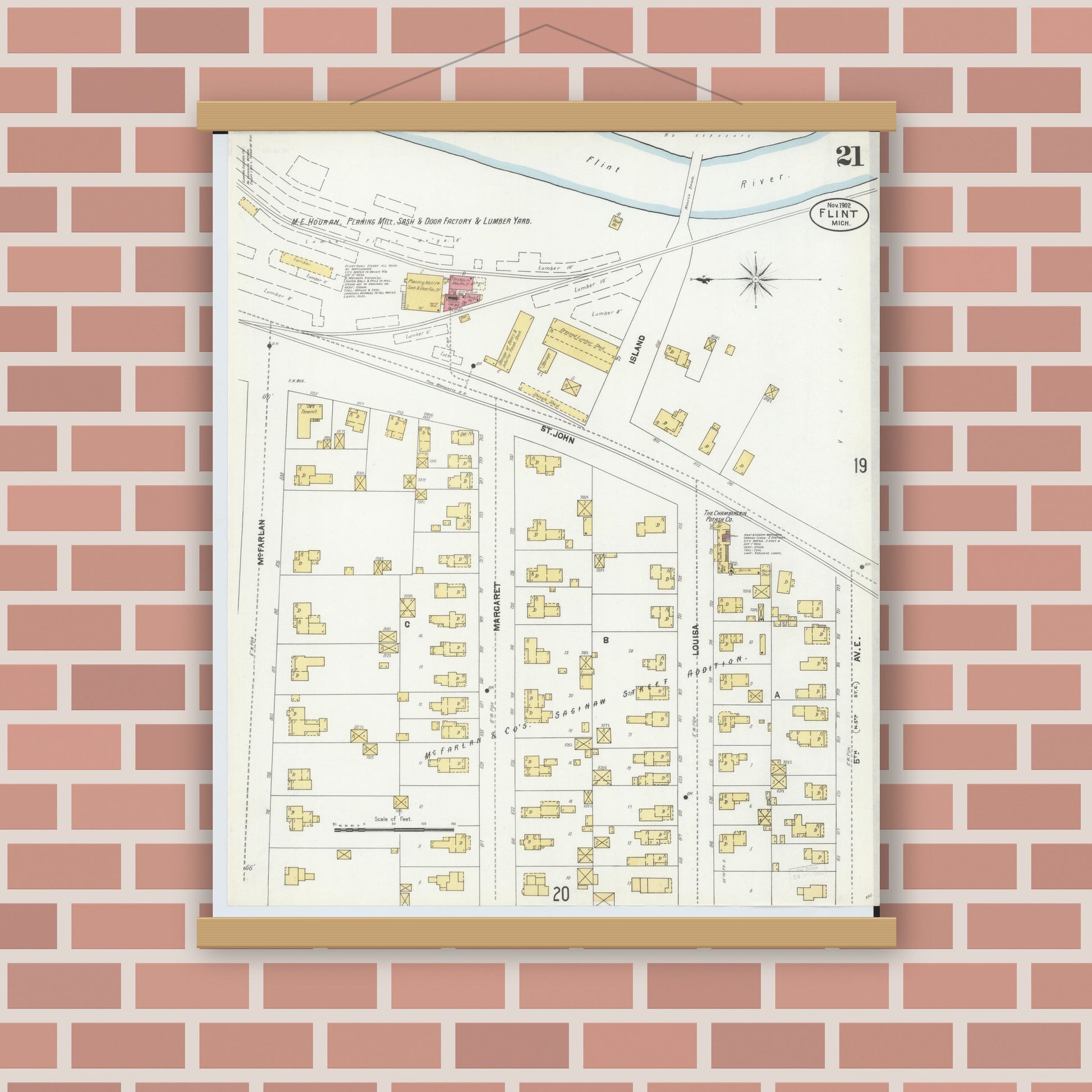 Old map wall art mockup — magnetic wood frame on brick wall — Sanborn Fire Insurance Map from Flint, Genesee County, Michigan (1902), Sheet #0021
