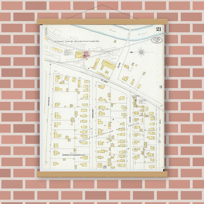 Old map wall art mockup — magnetic wood frame on brick wall — Sanborn Fire Insurance Map from Flint, Genesee County, Michigan (1902), Sheet #0021