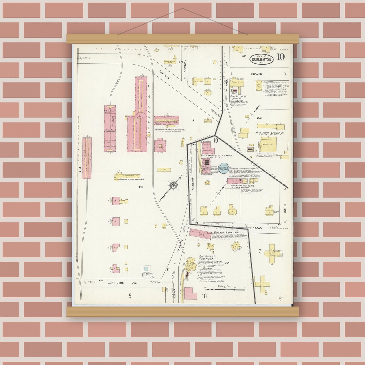 Old map wall art mockup — magnetic wood frame on brick wall — Sanborn Fire Insurance Map from Burlington, Alamance County, North Carolina (1913), Sheet #0010