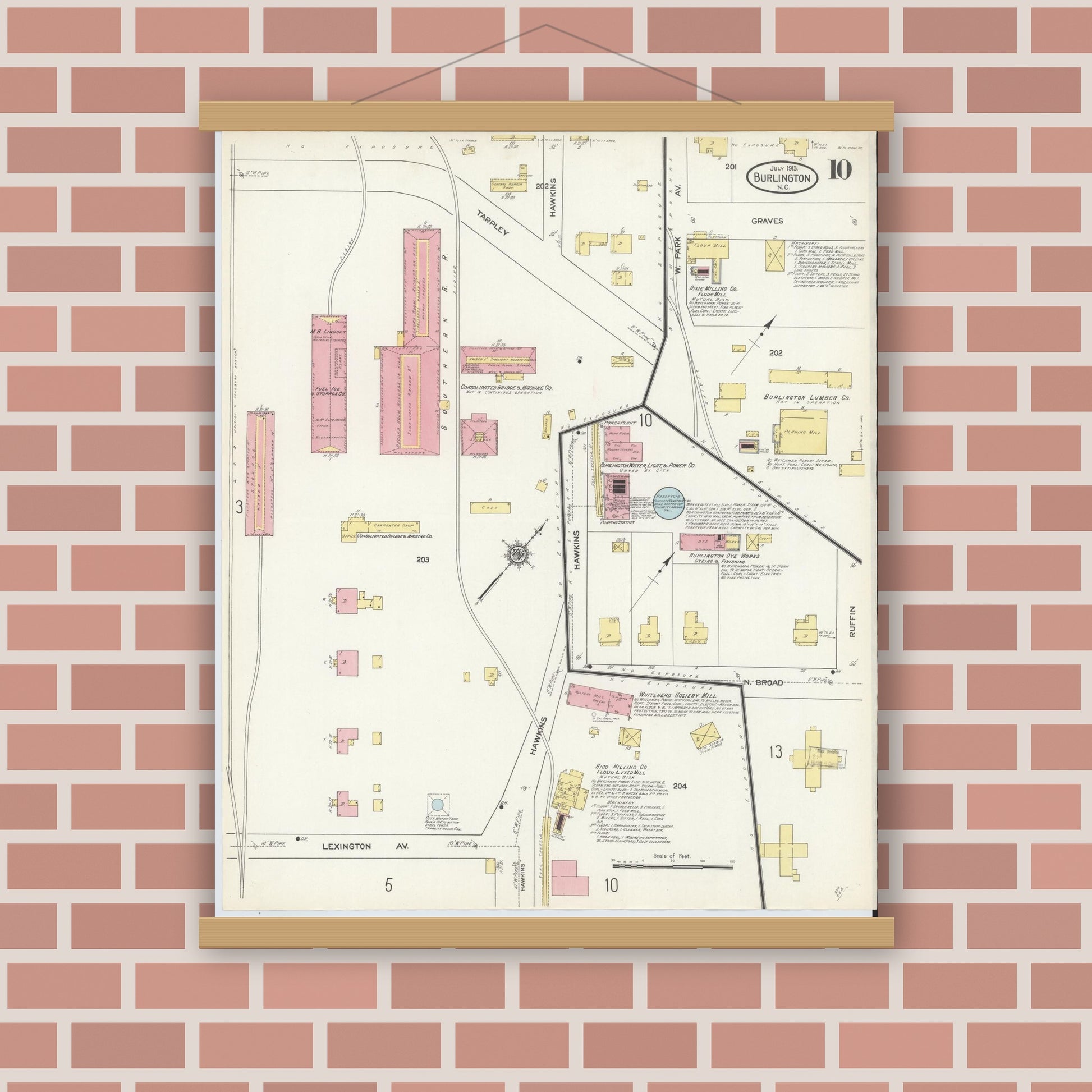 Old map wall art mockup — magnetic wood frame on brick wall — Sanborn Fire Insurance Map from Burlington, Alamance County, North Carolina (1913), Sheet #0010