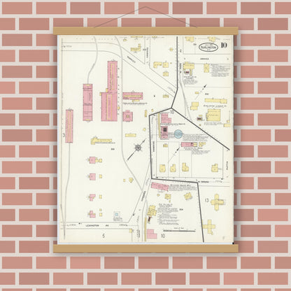 Old map wall art mockup — magnetic wood frame on brick wall — Sanborn Fire Insurance Map from Burlington, Alamance County, North Carolina (1913), Sheet #0010