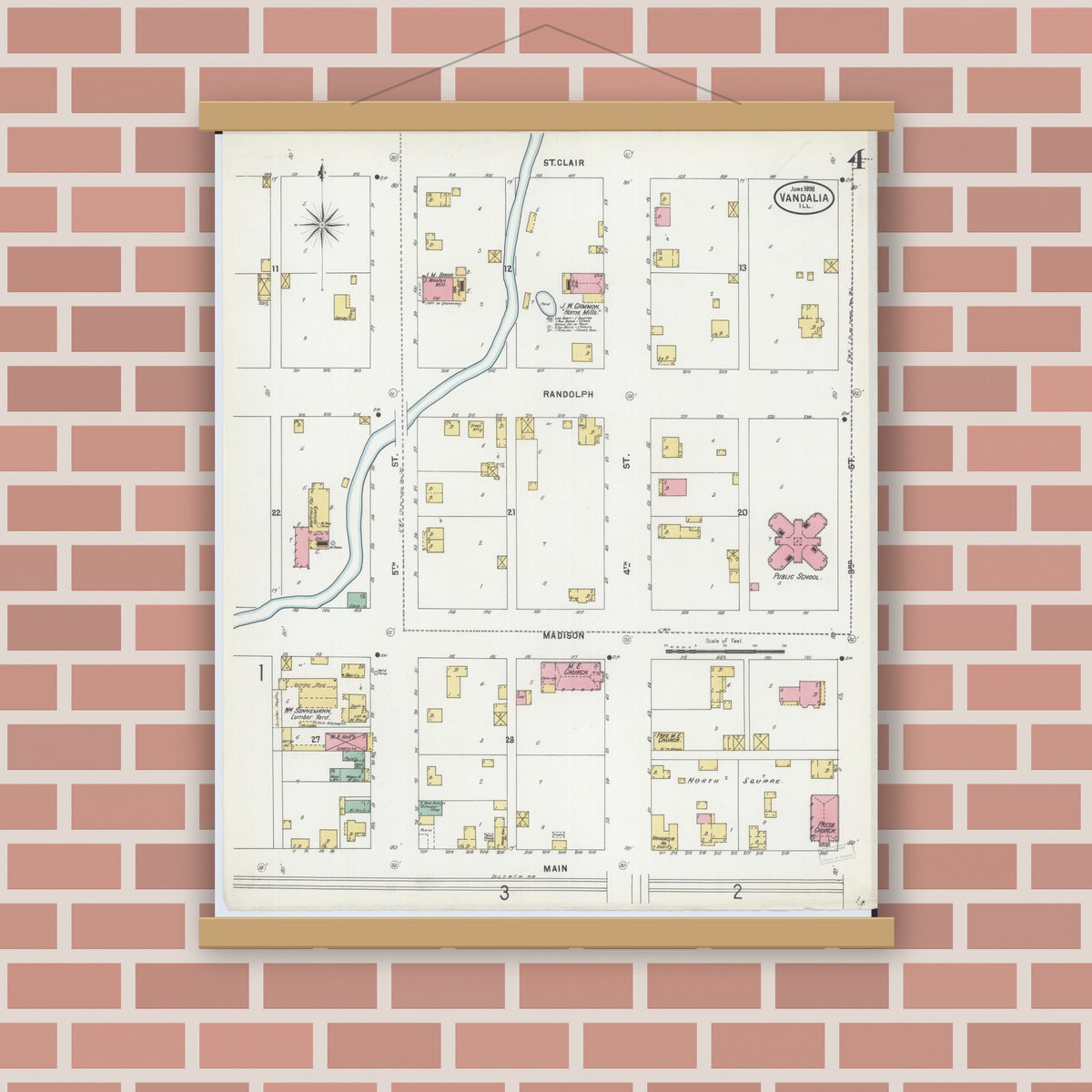 Old map wall art mockup — magnetic wood frame on brick wall — Sanborn Fire Insurance Map from Vandalia, Fayette County, Illinois (1898), Sheet #0004