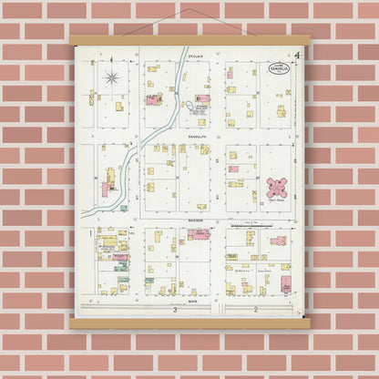 Old map wall art mockup — magnetic wood frame on brick wall — Sanborn Fire Insurance Map from Vandalia, Fayette County, Illinois (1898), Sheet #0004