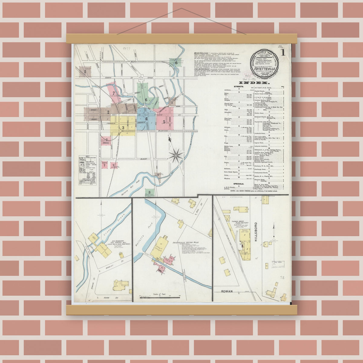 Old map wall art mockup — magnetic wood frame on brick wall — Sanborn Fire Insurance Map from Fayetteville, Cumberland County, North Carolina (1896) - Complete Map Set