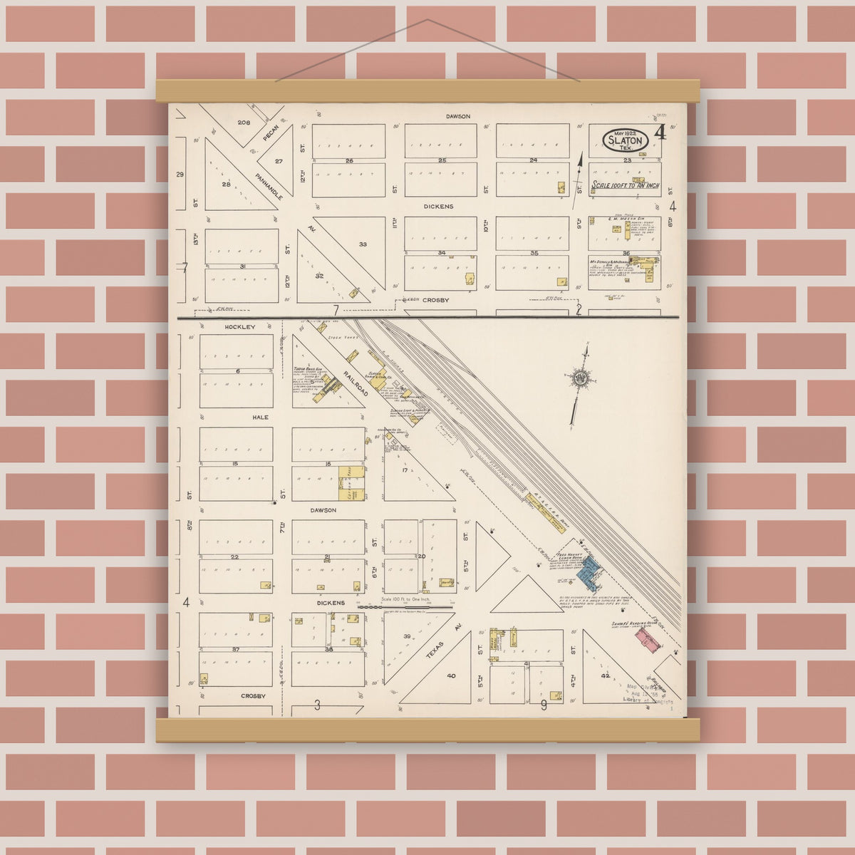 Old map wall art mockup — magnetic wood frame on brick wall — Sanborn Fire Insurance Map from Slaton, Lubbock County, Texas (1922), Sheet #0004