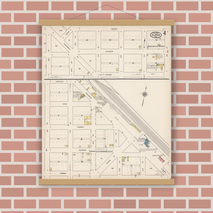 Old map wall art mockup — magnetic wood frame on brick wall — Sanborn Fire Insurance Map from Slaton, Lubbock County, Texas (1922), Sheet #0004