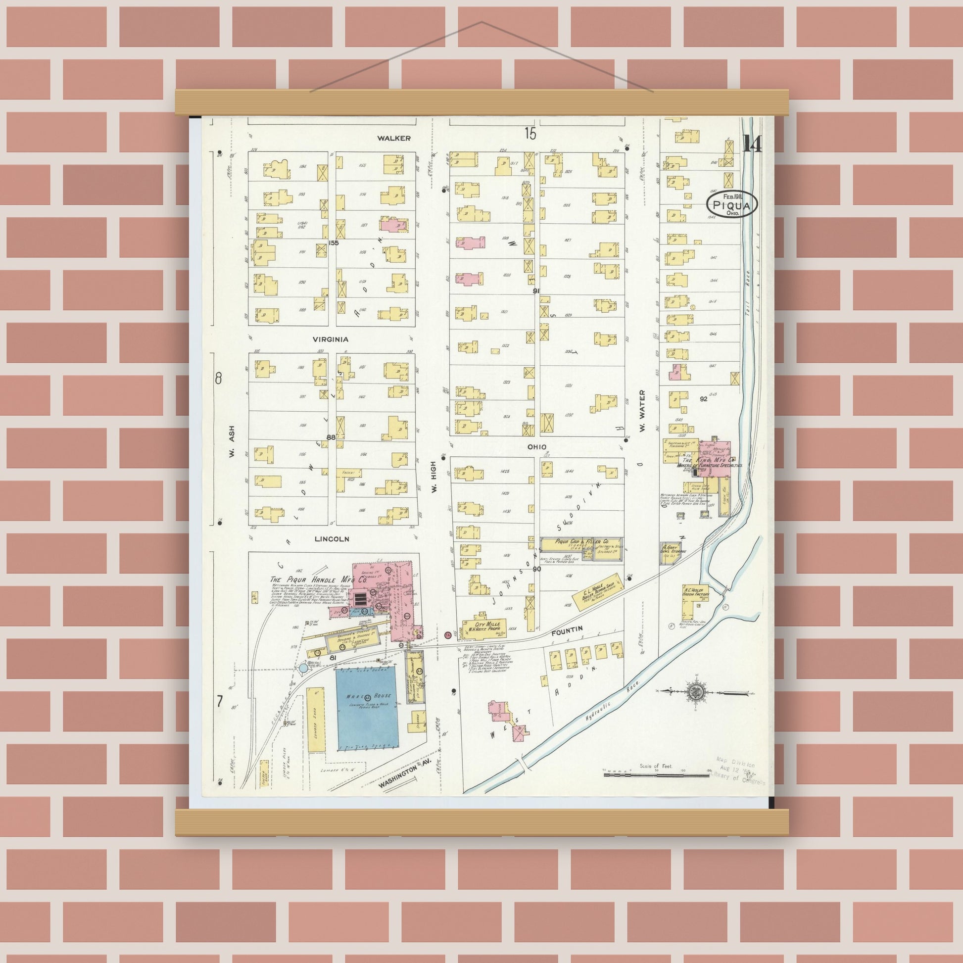 Old map wall art mockup — magnetic wood frame on brick wall — Sanborn Fire Insurance Map from Piqua, Miami County, Ohio (1911), Sheet #0014