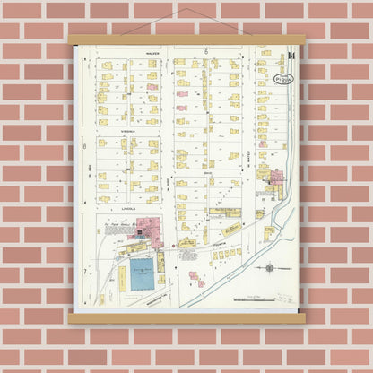 Old map wall art mockup — magnetic wood frame on brick wall — Sanborn Fire Insurance Map from Piqua, Miami County, Ohio (1911), Sheet #0014