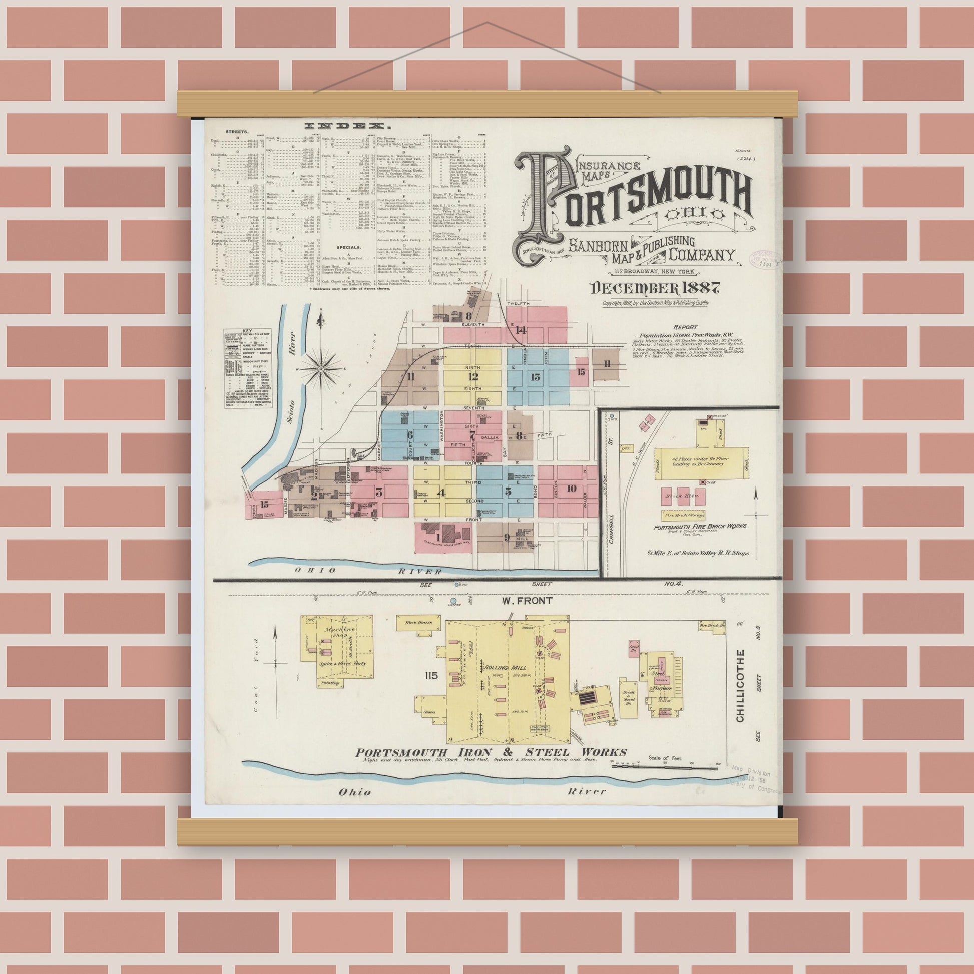 Old map wall art mockup — magnetic wood frame on brick wall — Sanborn Fire Insurance Map from Portsmouth, Scioto County, Ohio (1887) - Complete Map Set