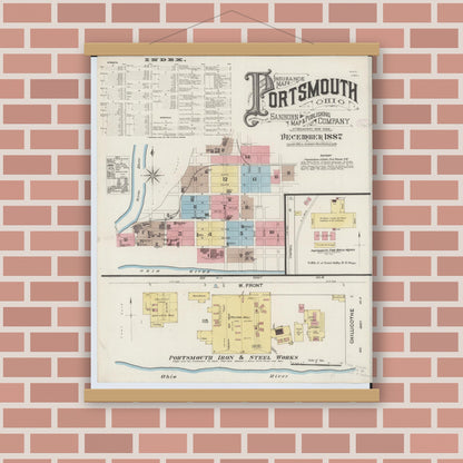 Old map wall art mockup — magnetic wood frame on brick wall — Sanborn Fire Insurance Map from Portsmouth, Scioto County, Ohio (1887) - Complete Map Set