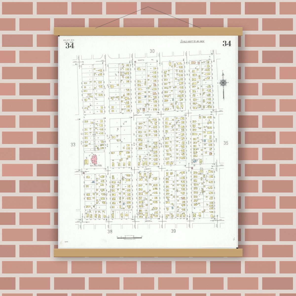 Old map wall art mockup — magnetic wood frame on brick wall — Sanborn Fire Insurance Map from Beloit, Rock County, Wisconsin (1939), Sheet #0034