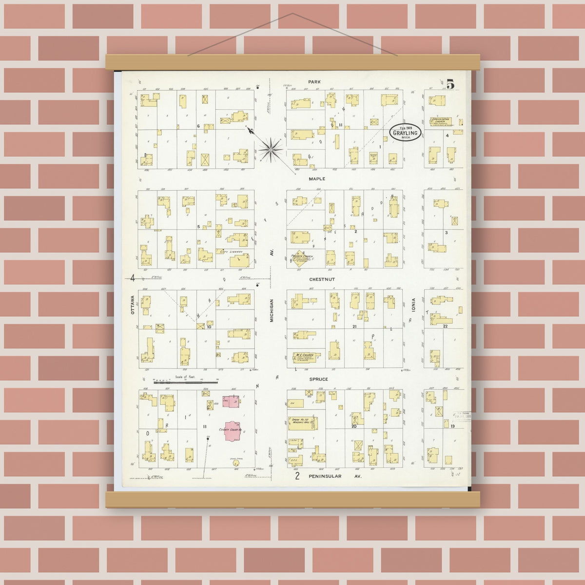 Old map wall art mockup — magnetic wood frame on brick wall — Sanborn Fire Insurance Map from Grayling, Crawford County, Michigan (1909), Sheet #0005