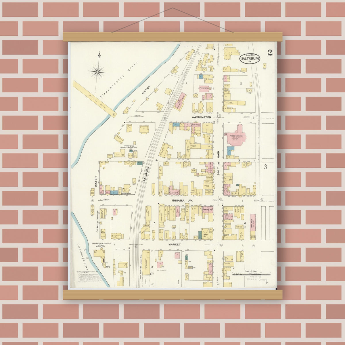 Old map wall art mockup — magnetic wood frame on brick wall — Sanborn Fire Insurance Map from Saltsburg, Indiana County, Pennsylvania (1909), Sheet #0002