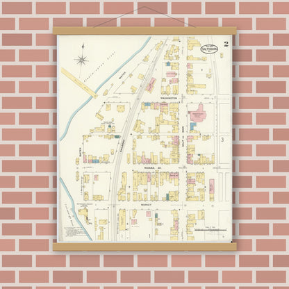 Old map wall art mockup — magnetic wood frame on brick wall — Sanborn Fire Insurance Map from Saltsburg, Indiana County, Pennsylvania (1909), Sheet #0002