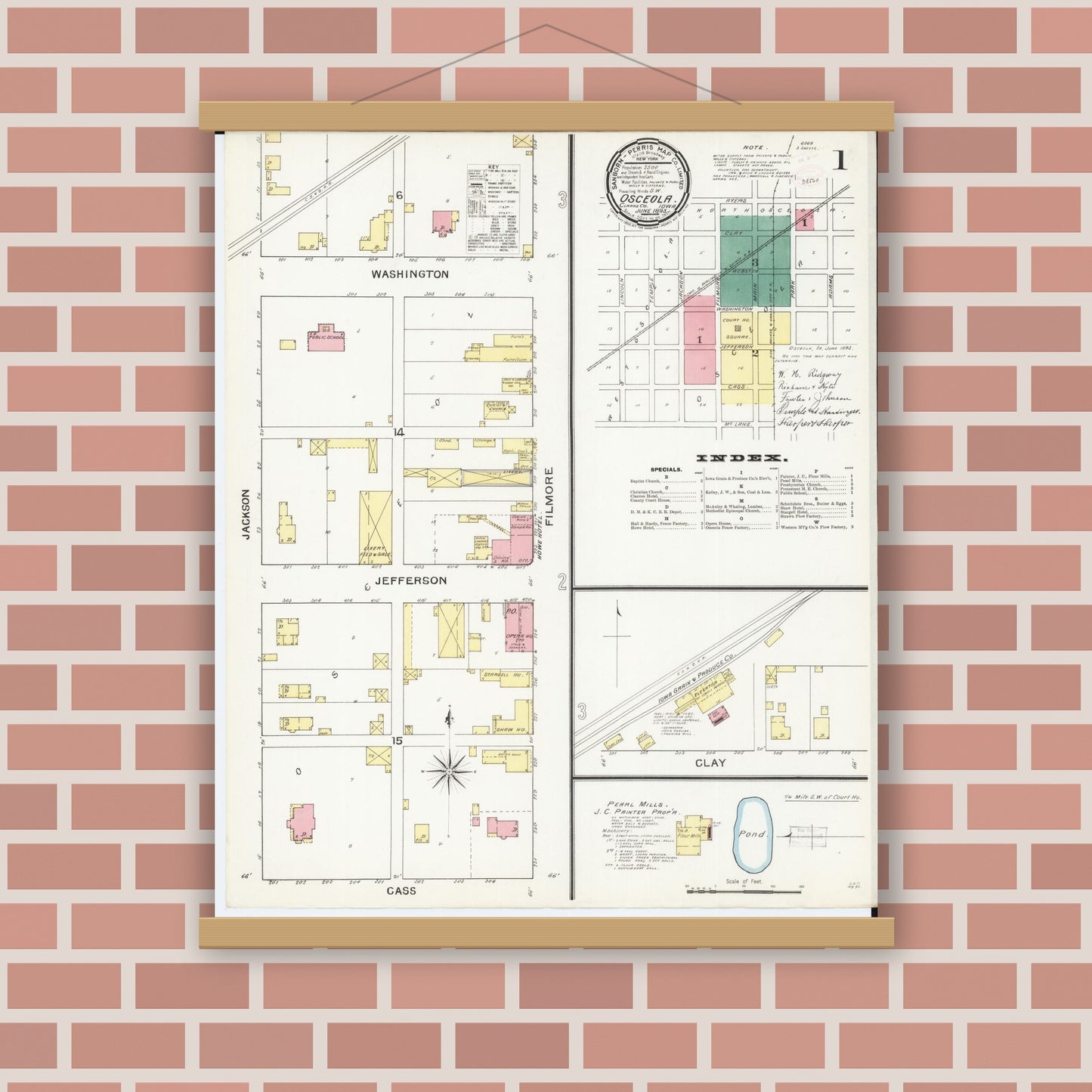 Old map wall art mockup — magnetic wood frame on brick wall — Sanborn Fire Insurance Map from Osceola, Clarke County, Iowa (1893) â€” Complete Set