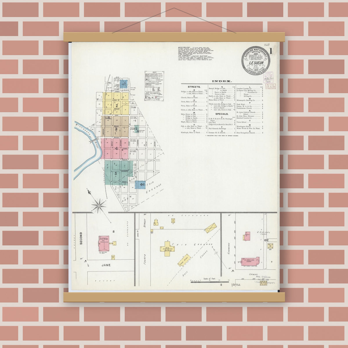 Old map wall art mockup — magnetic wood frame on brick wall — Sanborn Fire Insurance Map from Le Sueur, Le Sueur County, Minnesota (1902) - Complete Map Set